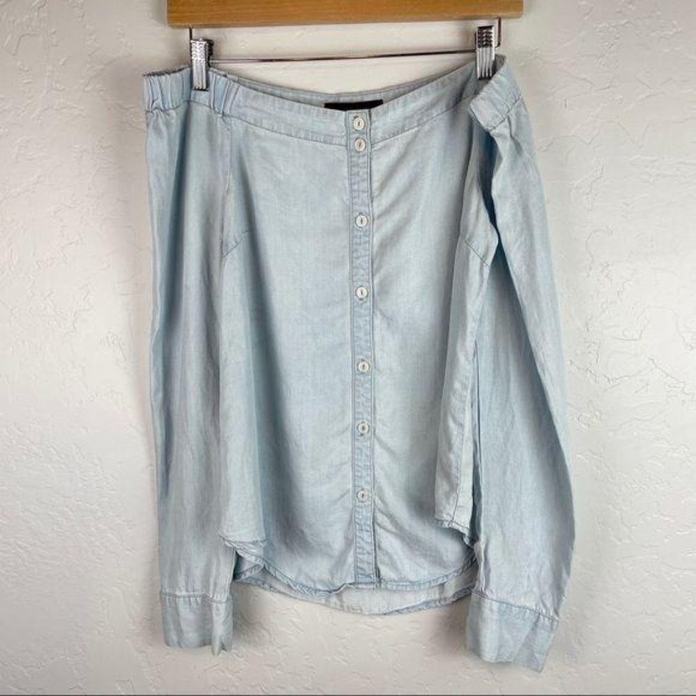 Sanctuary Chambray Off The Shoulder Button Down Blouse Blue XS S1182-DR017 - Picture 3 of 9